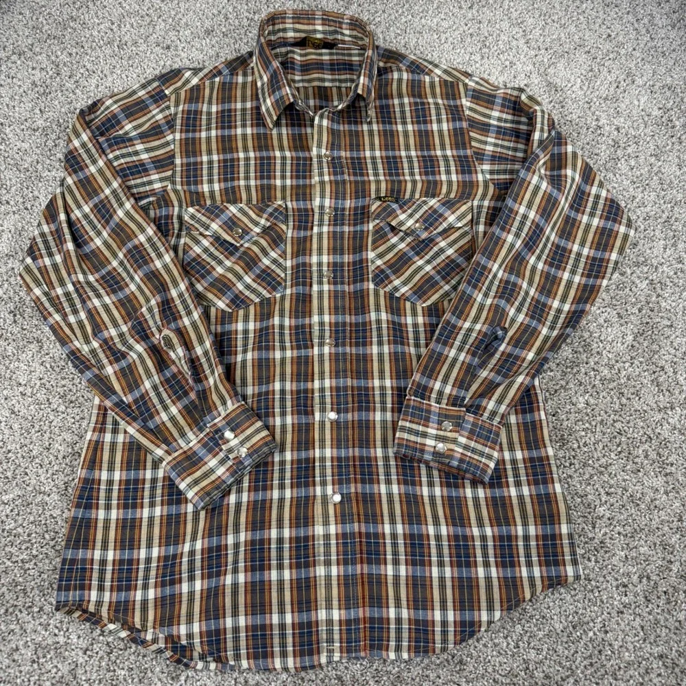 Vintage Lee Mens Plaid Western Pearl Snap Shirt Brown Blue Made in USA Medium